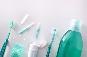 Close-up of toothbrush and other oral hygiene products
